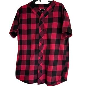 21 Men Buffalo Plaid Baseball Jersey Shirt Red Black Checkered Short Sleeve M
